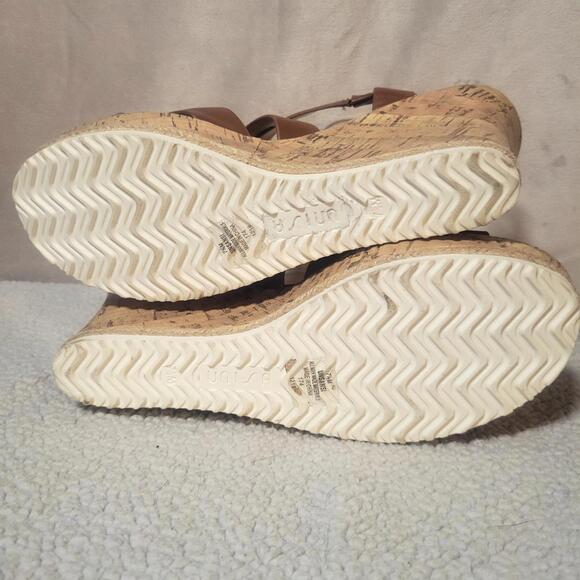 Unisa Brown Strappy Platform Cork Wedge Sandals Gold Buckle - Size 7.5 - Picture 8 of 9